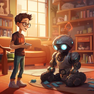 Un jeune homme et son robot assistant.