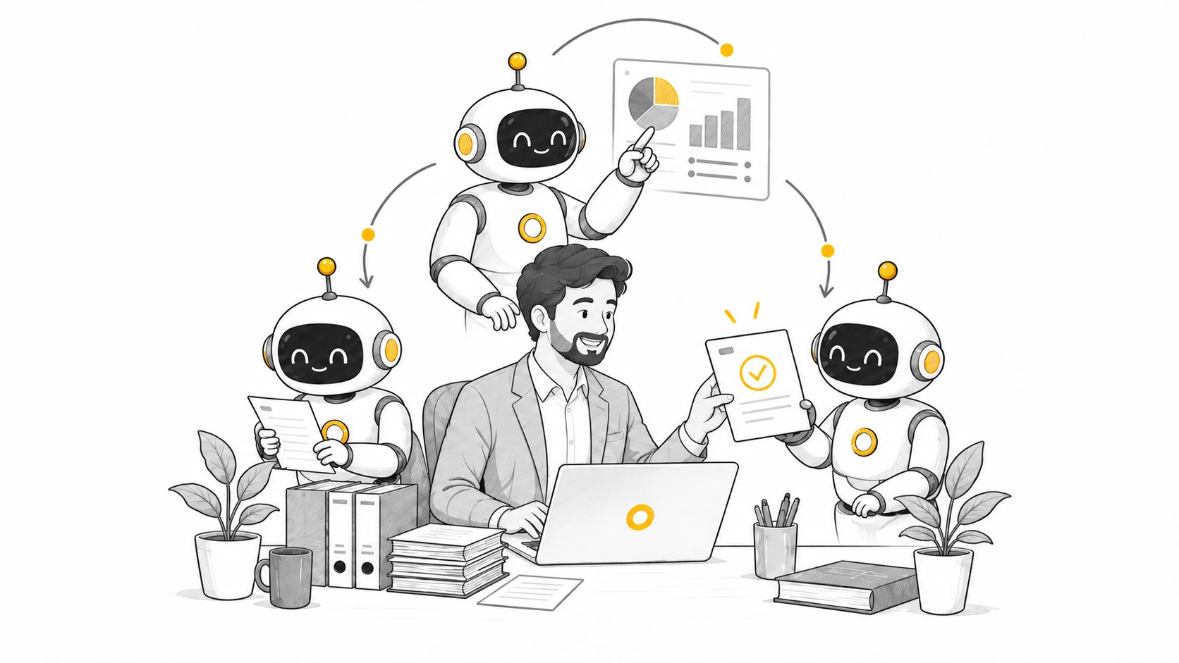 Illustration de la formation Agents IA : une personne collabore avec des agents d’intelligence artificielle.