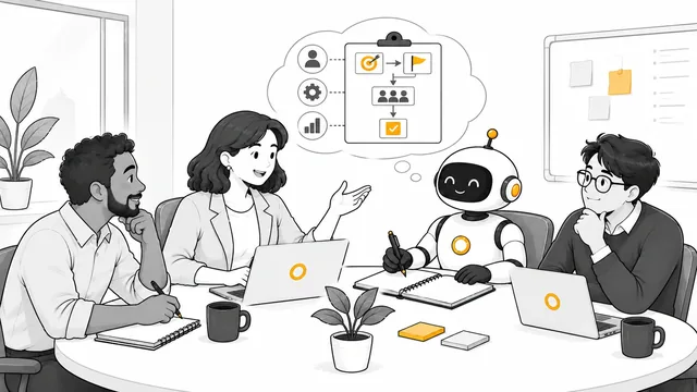 Illustration de la formation L’IA comme assistant de réunion&nbsp;: trois collègues échangent autour d’une table pendant qu’un robot prend des notes.