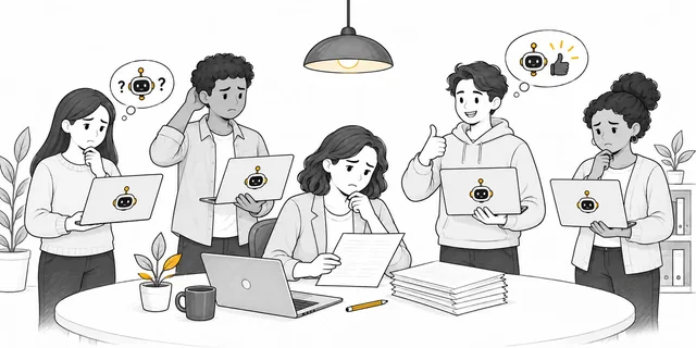 Illustration de la formation Évaluer avec l’IA&nbsp;: une enseignante relit une copie pendant que des collègues s’interrogent sur l’usage de l’IA.