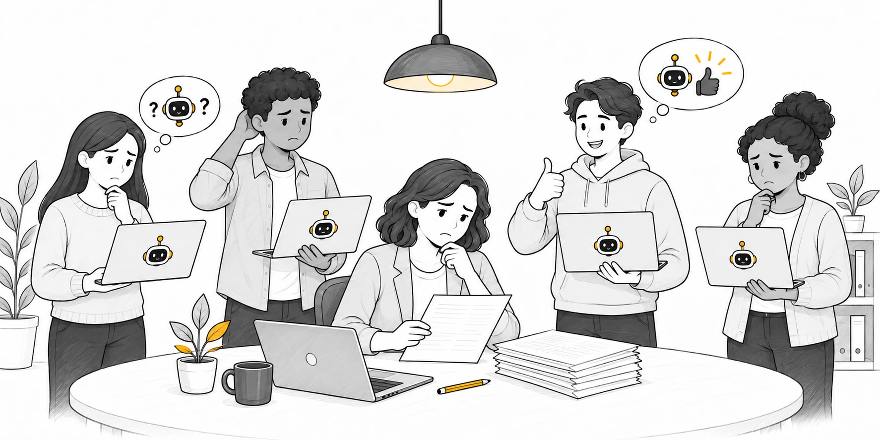 Illustration de la formation Évaluer avec l’IA&nbsp;: une enseignante relit une copie pendant que des collègues s’interrogent sur l’usage de l’IA.