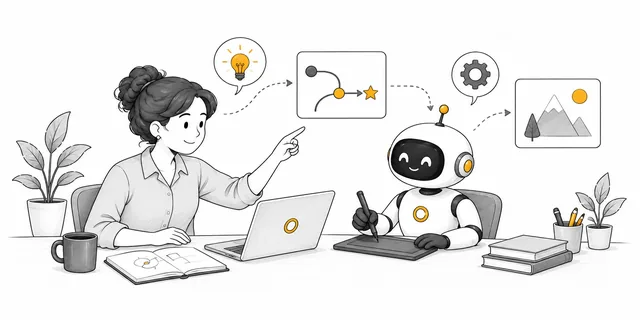 Illustration de la formation La programmation intuitive&nbsp;: une personne décrit son idée à un robot qui la transforme en outil numérique.