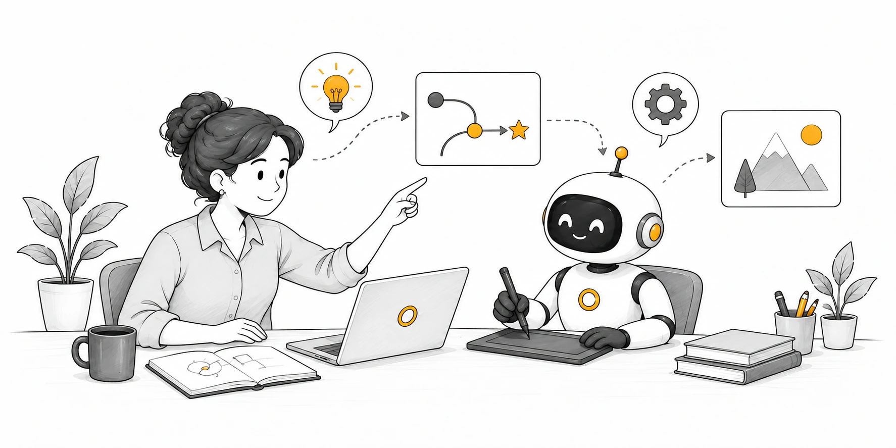 Illustration de la formation La programmation intuitive&nbsp;: une personne décrit son idée à un robot qui la transforme en outil numérique.