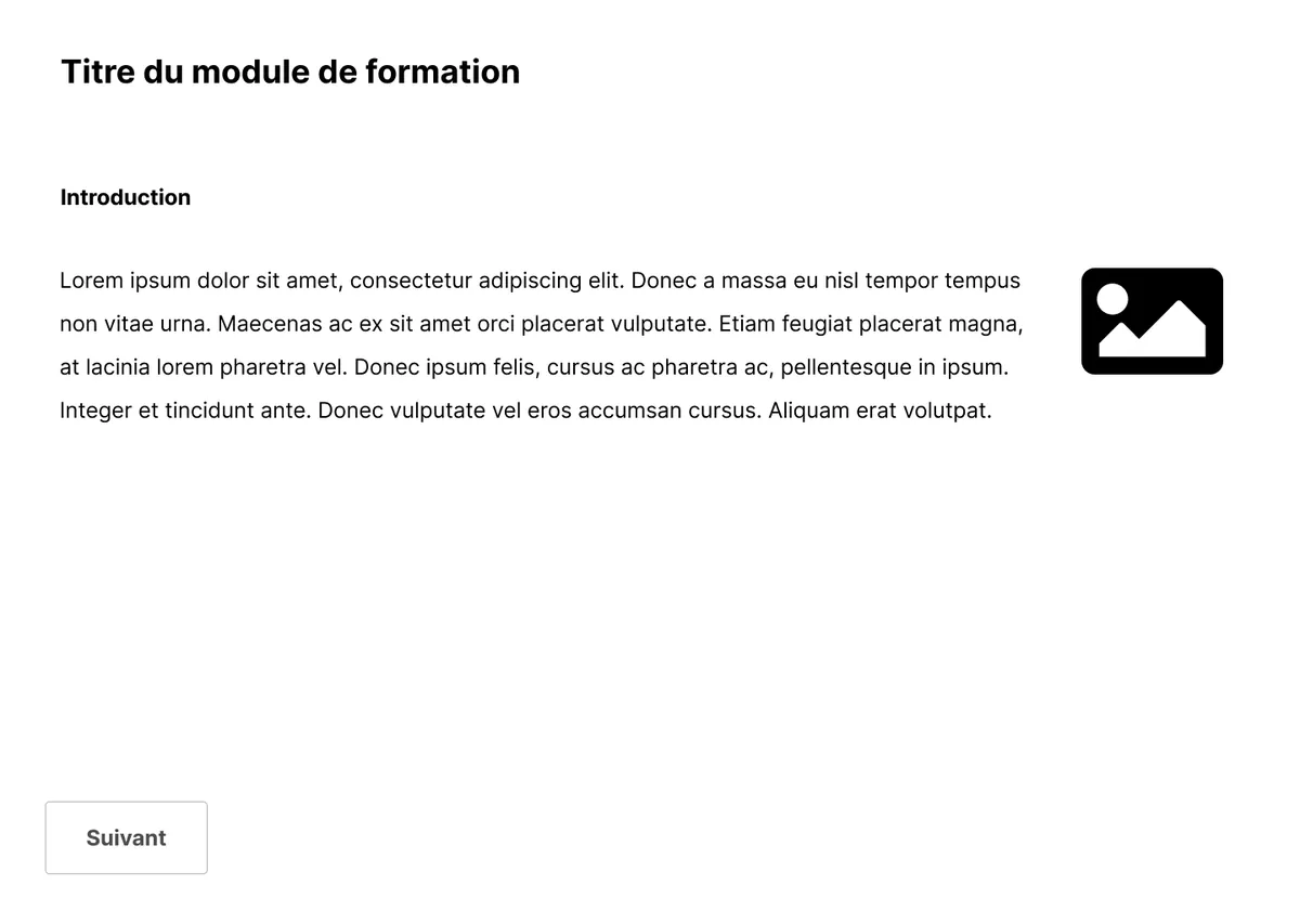Maquette d’une page-écran d’introduction : texte, image et bouton Suivant.