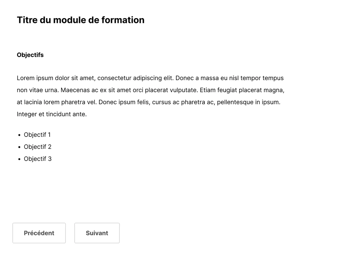 Maquette d’une page-écran d’objectifs : texte, liste de trois objectifs et boutons de navigation.
