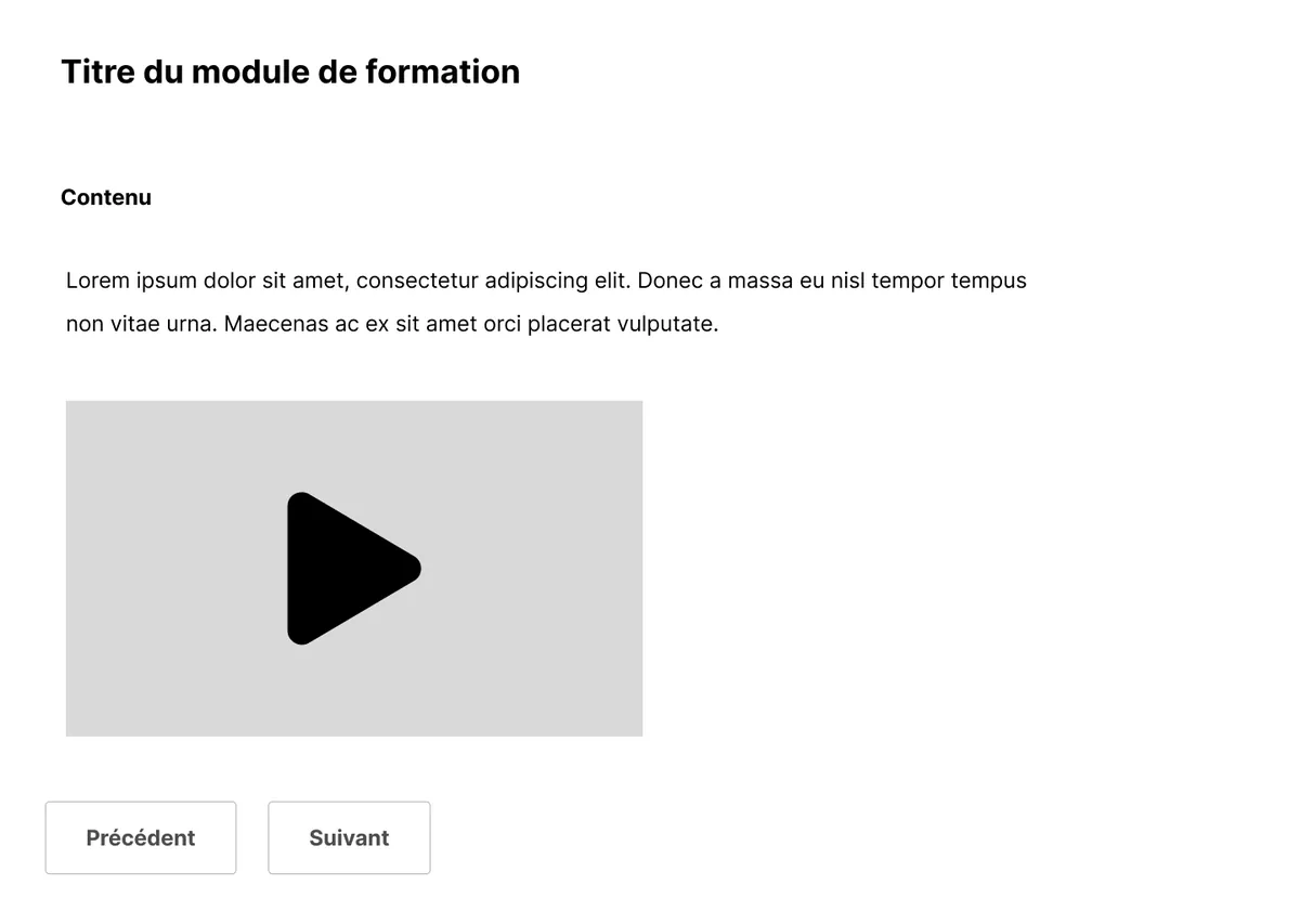 Maquette d’une page-écran de contenu : texte, vidéo et boutons de navigation.