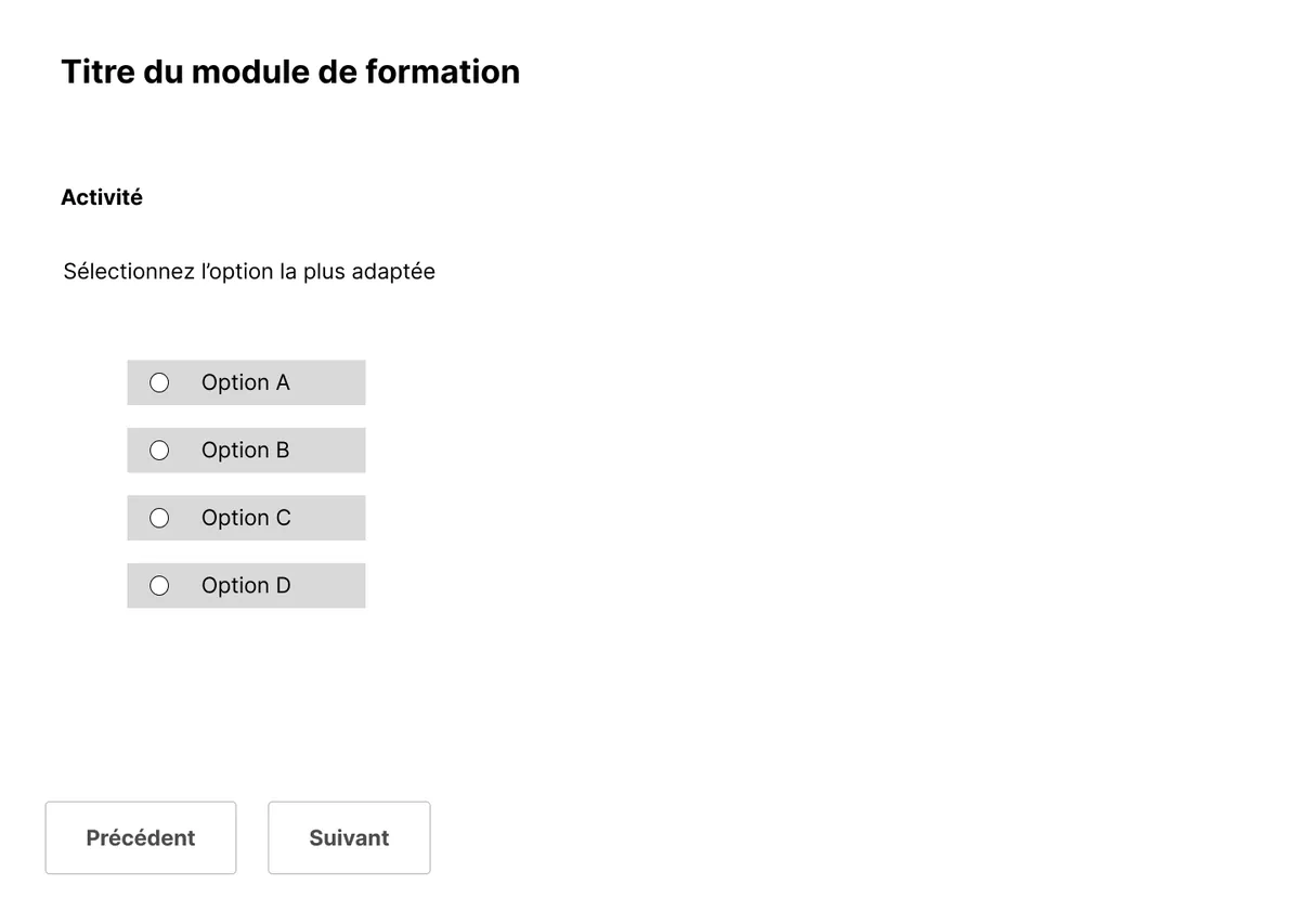 Maquette d’une page-écran d’activité : question à choix multiples avec quatre options.