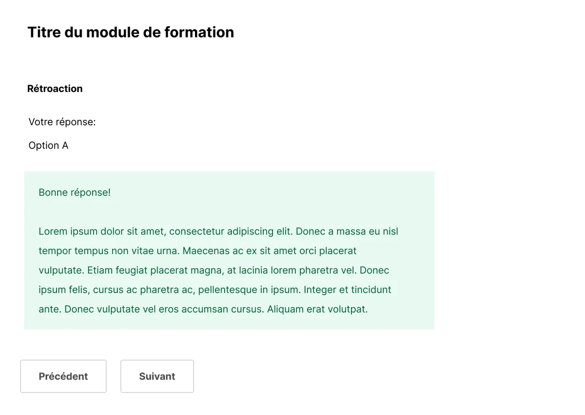 Maquette d’une page-écran de rétroaction : réponse choisie et message « Bonne réponse ».