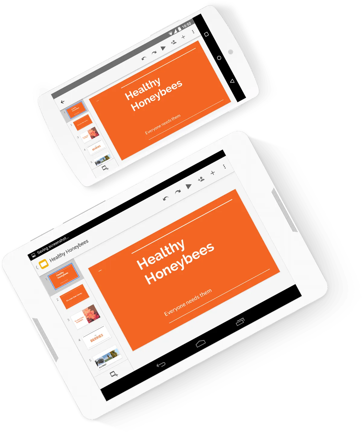 Présentation Google Slides affichée sur une tablette et un téléphone.