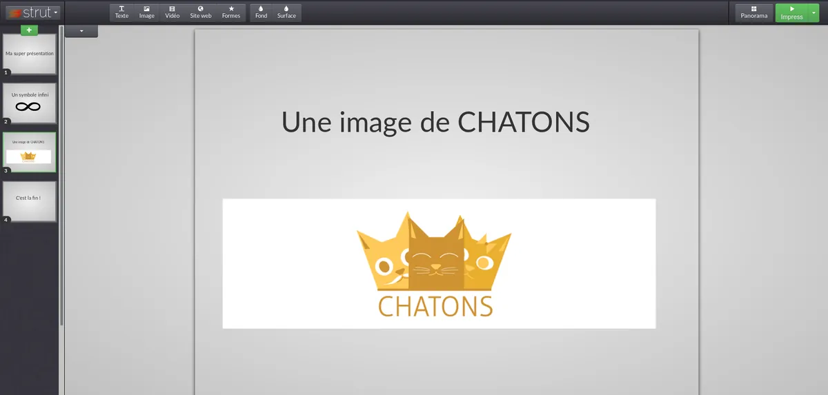 Interface de Framaslides montrant une diapositive intitulée « Une image de CHATONS ».