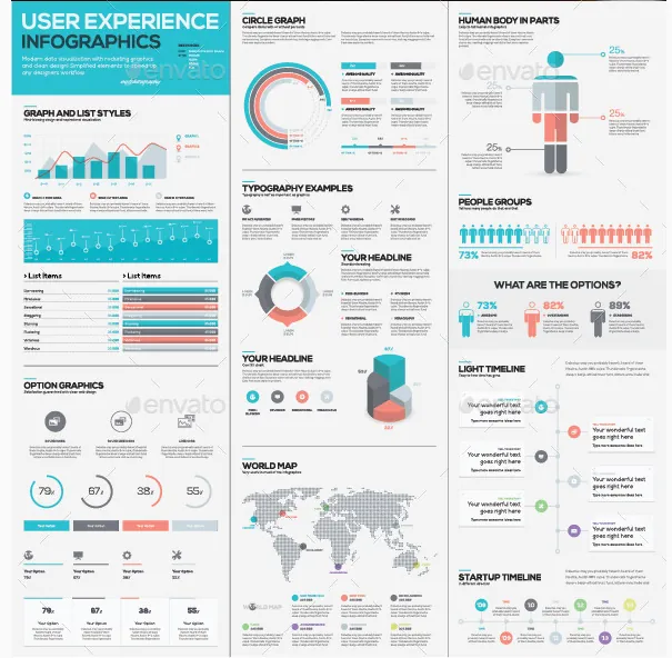 Exemples d’éléments d’infographie : graphiques, frises chronologiques, pictogrammes de personnes et carte du monde.