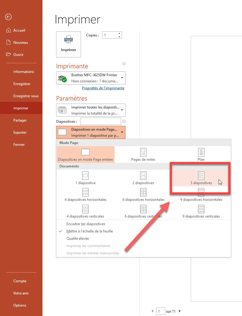 Fenêtre Imprimer de PowerPoint : l’option « 3 diapositives » est encadrée pour imprimer le diaporama avec des lignes de notes.