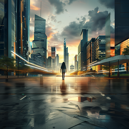 Une jeuille fille marche dans l'ombre d'une ville futuriste