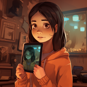 une jeune fille tient une tablette avec une photo retouchée d'elle-même